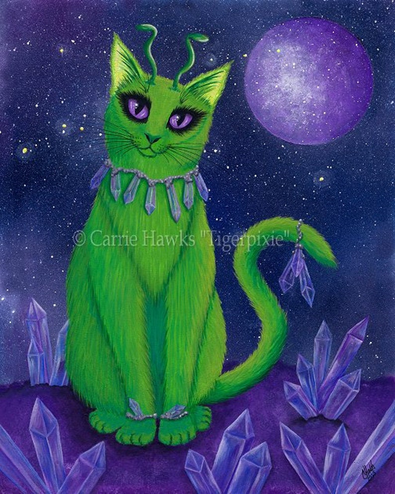 Green Alien Cat Bracelet Galaxy Cat Painting Purple Crystals Silver Fantasy Cat Art Cameo Bracelet 25x18mm Gift for Cat Lovers Jewelry image 2