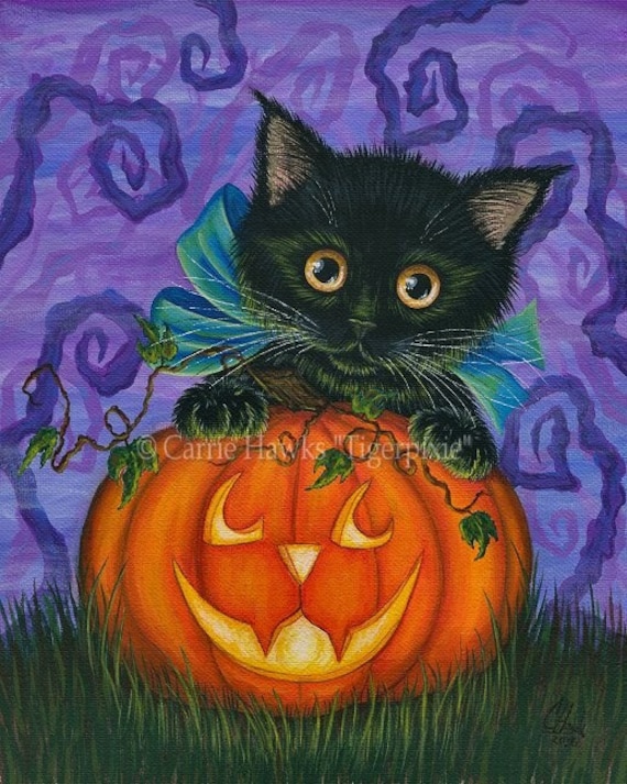 Halloween Black Kitten Canvas Art Jackolantern Pumpkin Black