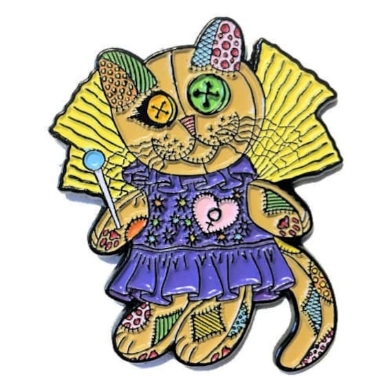 Voodoo Fairy Cat Doll Enamel Pin Patchwork Cat Lapel Pin Cushion Cat Doll Brooch Button Eyes Cat Rag Doll Art Badge Cat Lovers Jewelry