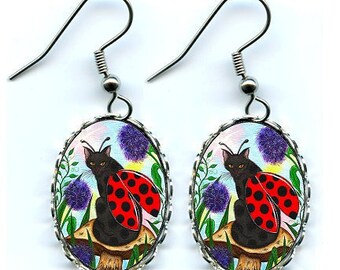 Ladybug Cat Earrings Fairy Cat Fantasy Cat Art Cameo Earrings 25x18mm Gift for Cat Lovers Jewelry Carrie Hawks