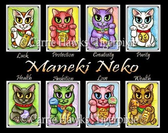 Maneki Neko Canvas Print Luck Fortune Cats Lucky Cat Art Japanese Luck Cats Big Eye Art Limited Edition Canvas Print 11x14 Cat Lover Art