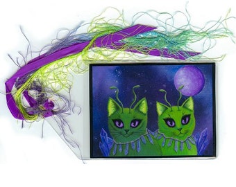 Alien Cats Bookmark Space Cats Bookmarker Green Alien Cat Fantasy Cat Art Mini Bookmark Gift For Cat Lover Carrie Hawks