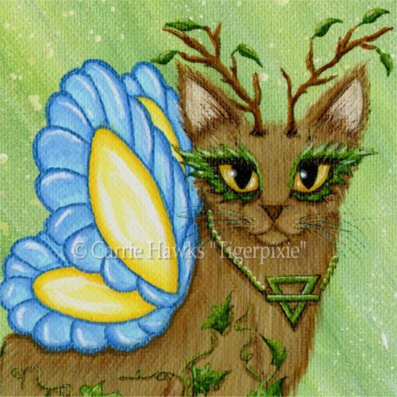 Fairy Cat Art Elemental Earth Cat Painting Ivy Butterfly Elements Art White Fairy Cat Fantasy Cat Art Print Cat Lovers Art Carrie Hawks image 2