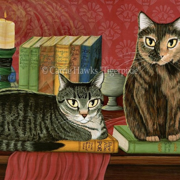 Literary Cats Art Tabby Cat Painting Tortoiseshell Cat Portrait Poe, Dickens, Classic Library Cat Art Print Cat Lovers Art Carrie Hawks