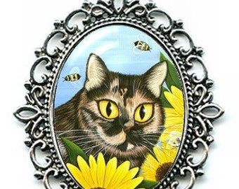 Tortoiseshell Cat Necklace Sunflowers Silver Tortie Cat Bumble Bees Cat Cameo Pendant 40x30mm Gift for Cat Lovers Jewelry Carrie Hawks