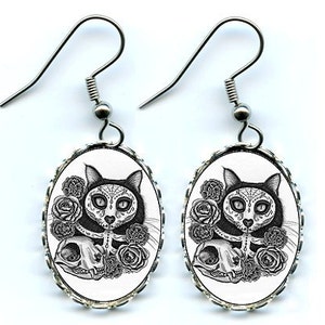 Day of the Dead Cat Earrings Mexican Sugar Skull Cat Gothic Cat Art Cameo Earrings 25x18mm Gift for Cat Lovers Jewelry Carrie Hawks