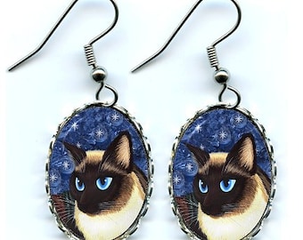 Siamese Cat Earrings Seal Point Siamese Cat Fantasy Cat Art Cameo Earrings 25x18mm Gift for Cat Lovers Jewelry Carrie Hawks