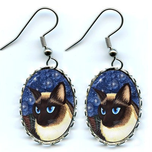 Siamese Cat Earrings Seal Point Siamese Cat Fantasy Cat Art Cameo Earrings 25x18mm Gift for Cat Lovers Jewelry Carrie Hawks