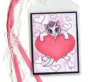 Cat Bookmark Kitten Valentine Heart White Cat Tiara Fantasy Art Bookmark Carrie Hawks