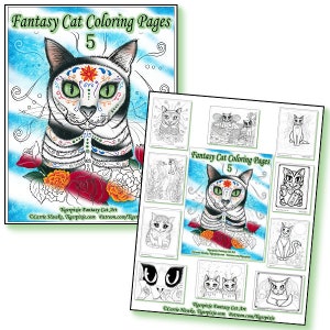 May include: A set of 12 printable coloring pages featuring fantasy cats with intricate designs. The pages include a variety of cat poses and styles, including a cat with a sugar skull face, a cat with wings, and a cat with a flower crown. The text "Fantasy Cat Coloring Pages 5" is at the top of the page.