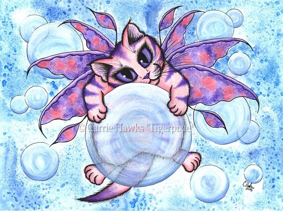 SALE Fairy Cat Magnet Kitten Bubbles Fantasy Cat Art Framed Magnet Cat Lovers Gift