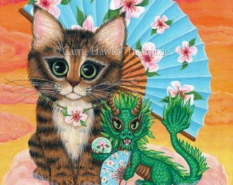 Jade Dragon Li Mao Cat Art Painting Tabby Cat Chinese Dragon Cherry Blossom Fan Sunset Clouds Cat Art Limited Edition Canvas Print 11x14 Art