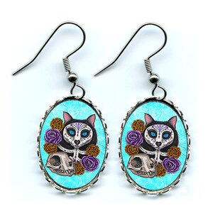 Day of the Dead Cat Earrings Mexican Sugar Skull Cat Gothic Cat Art Cameo Earrings 25x18mm Gift for Cat Lovers Jewelry Carrie Hawks
