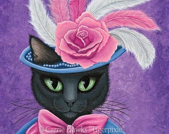 Victorian Cat Lady Painting Fancy Black Cat Feather Flower Hat Fantasy Cat Art Print Cat Lovers Art Carrie Hawks