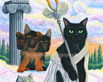 Totenkopf Cerberus Katze Kunstdruck Griechische Mythologie Schwarze Katze Schäferhund Art Print Katzenliebhaber Kunst Carrie Hawks