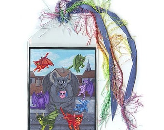 Gargoyle Winged Cats Bookmarker Colorful Kittens Fantasy Cat Art Mini Bookmark Cat Lovers Gift Carrie Hawks