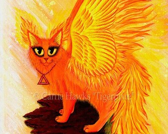 Phoenix Cat Art Fire Cat Painting Elemental Flames Winged Cat Lava Rock Fantasy Big Eye Print Cat Lovers Art Carrie Hawks