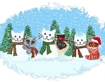 SnowCat Kitties Art Print Snow Cat Siamese Cat Grey Cat Orange Tabby Christmas Trees Cat Art Print Seasonal Cat Lovers Gift Carrie Hawks