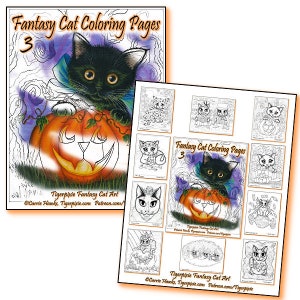 May include: A black cat with a pumpkin on its head. The cat is wearing a purple bow. The image is a coloring page with the text "Fantasy Cat Coloring Pages 3" and "Tigerpixie Fantasy Cat Art".