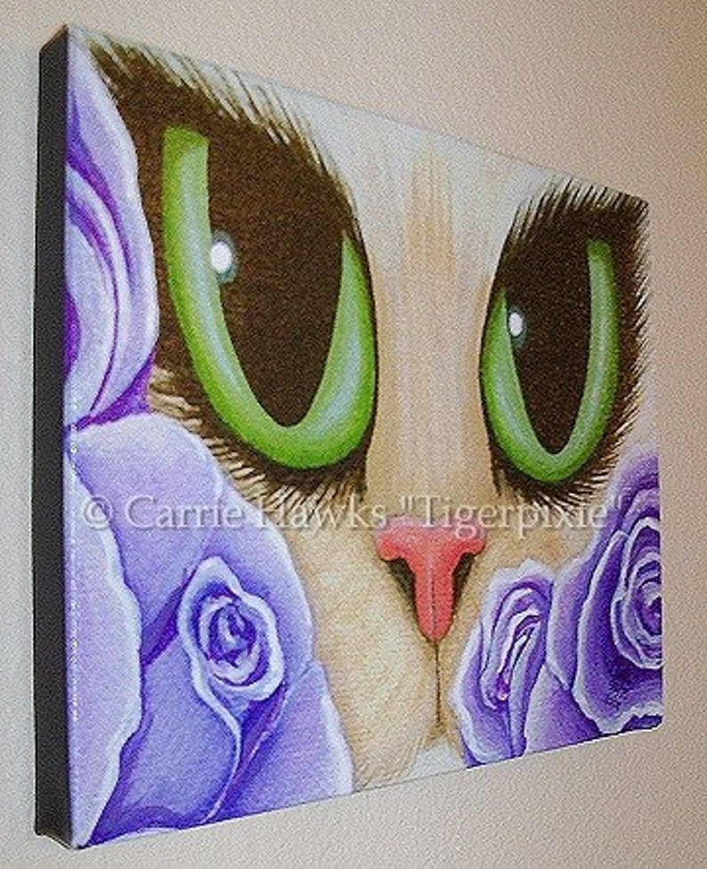 Cat Fantasy Art Cat Painting Lavender Roses Green Eyes Fantasy Cat Art Limited Edition Canvas Print 11x14 Art For Cat Lover Carrie Hawks image 2