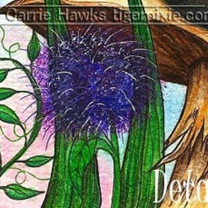 May include: Close-up of a purple flower with a fuzzy texture. The flower is surrounded by green leaves and a brown wooden background.