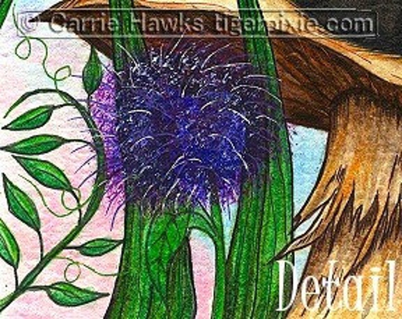 May include: Close-up of a purple flower with a fuzzy texture. The flower is surrounded by green leaves and a brown wooden background.