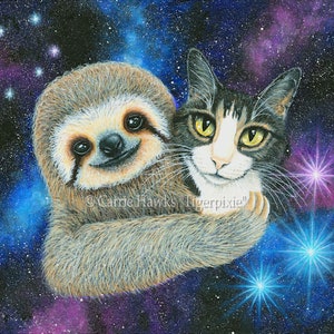 Sloth and Cat Art Print Three Toed Sloth Tabby Cat Galaxy Stars Space Sloth Art Fantasy Cat Art Print Cat Lovers Art Carrie Hawks image 1