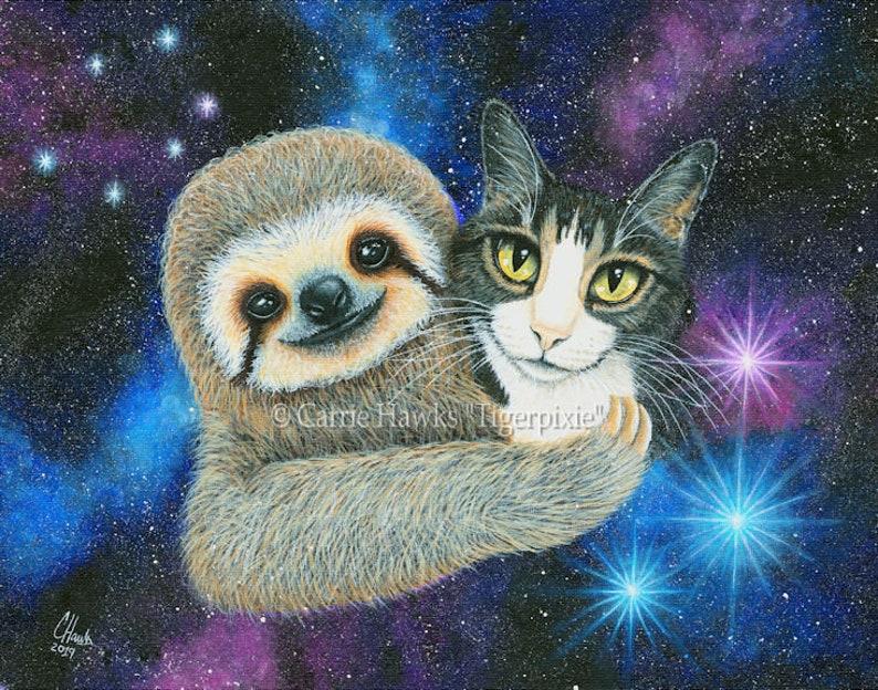 Sloth and Cat Art Print Three Toed Sloth Tabby Cat Galaxy Stars Space Sloth Art Fantasy Cat Art Print Cat Lovers Art Carrie Hawks image 1