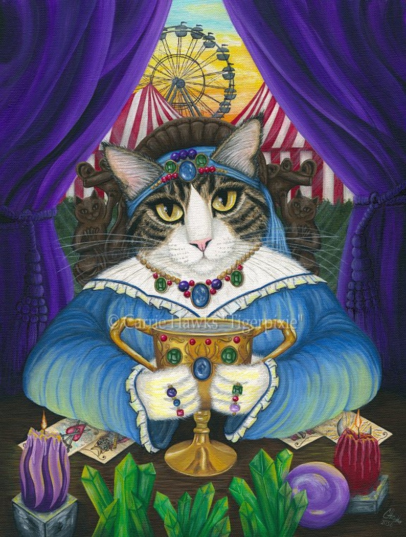 Fortune Teller Cat Psychic Tarot Card Art Queen of Cups Cat Circus Carnival Fantasy Cat Art ACEO ATC Mini Print Cat Lover Gift