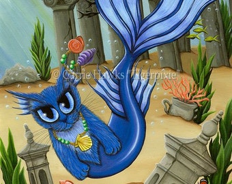 Arte de gato sirena Atlantis Mercat Pintura de gato Arte de ojos grandes Obra de arte de sirena azul Impresión de arte de gato de fantasía Arte para amantes de los gatos Carrie Hawks