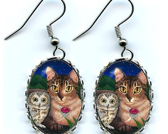 Eule Ohrringe Abessinier Katze Säge Eulen Ohrringe Fantasie Katze Kunst Cameo Ohrringe 25x18mm Geschenk für Katzenliebhaber Schmuck Carrie Hawks