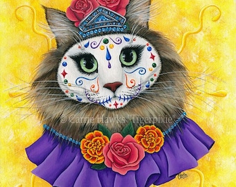 Princess Day of the Dead Cat Art Cat Painting Aztec Mexican Sugar Skull Fantasy Cat Art Original Canvas Painting 12x16 Cat Lovers