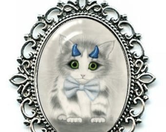 Cute Devil Kitten Necklace Blue Horns Devil Cat Cameo Pendant 40x30mm Gift for Cat Lovers Jewelry Carrie Hawks