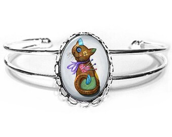 Voodoo Katze Puppen-Armband Stoffpuppe Katze Patchwork Katze Nadelkissen Puppe Katzenkunst Silber Katzen Cameo Armband 25x18mm Katzenliebhaber Schmuck