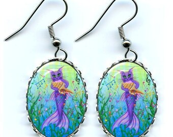 Musical Mermaid Cat Earrings Purple Mercat Cat Art Music Notes Song Tune Cameo Earrings 25x18mm Cat Lovers Jewelry Carrie Hawks