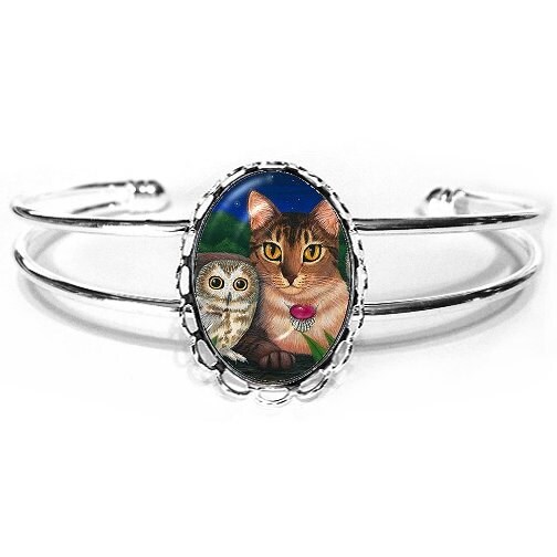 Abyssinian Cat Bracelet Saw Whet Owls Cat Painting Silver Fantasy Cat Art Cameo Bracelet 25x18mm Gif