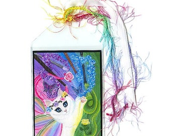 Marcador de gato de hadas blanco Marcador de gato de hadas arcoíris mágico de primavera Mini marcador de arte de gato de fantasía Regalo para amantes de los gatos Carrie Hawks