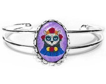 Day of the Dead Cat Bracelet Mexican Sugar Skull Cat Gothic Cat Art Silver Cat Cameo Bracelet 25x18mm Gift for Cat Lovers Jewelry