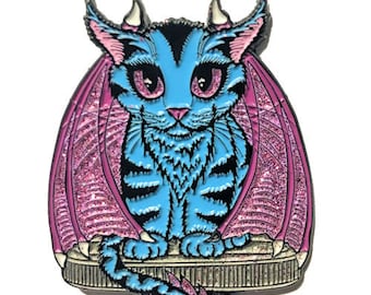 Blue Dragon Kitten Cat Enamel Pin Purple Wings Glitter Blue Cat Lapel Pin Winged Cat Kawaii Fantasy Cat Art Brooch Cat Lovers Art