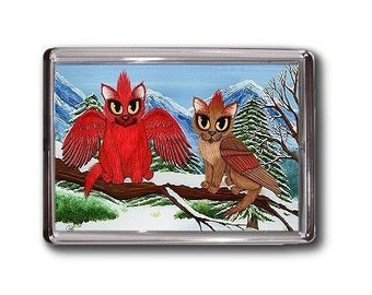 Cardinal Cats Magnet Bird Cats Winter Fantasy Cat Art Framed Magnet Gifts For Cat Lovers Carrie Hawks