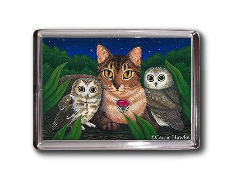 SALE Owls Cat Magnet Saw Whet Owl Abyssinian Cat Fantasy Cat Art Framed Magnet Gifts For Cat Lovers
