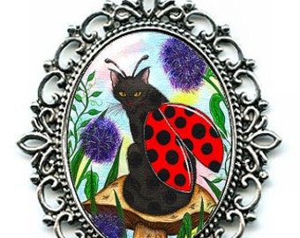 Ladybug Fairy Cat Necklace Ladybird Winged Cat Black Fairy Cat Cameo Pendant 40x30mm Gift for Cat Lovers Jewelry Carrie Hawks