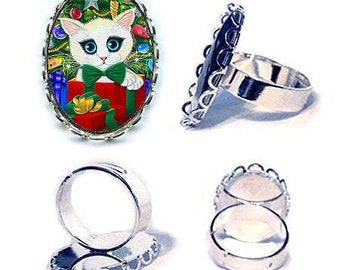 Christmas Kitten Boy Ring White Kitten Christmas Tree Holiday Cat Present Gift Cat Bow Cat Cameo Ring 25x18mm Cat Jewelry Carrie Hawks
