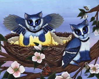 Arte de gatos Pájaros Pintura de gatos Gatito arrendajo azul Gatos arrendajo azul Arte de gato de fantasía alado Impresión en lienzo de edición limitada 11x14 Arte para amantes de los gatos