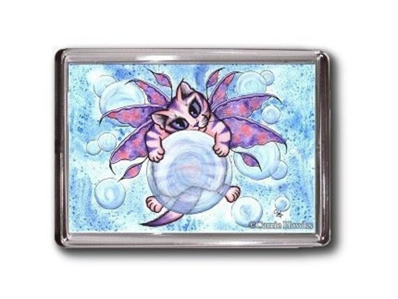 SALE Fairy Cat Magnet Kitten Bubbles Fantasy Cat Art Framed Magnet Cat Lovers Gift