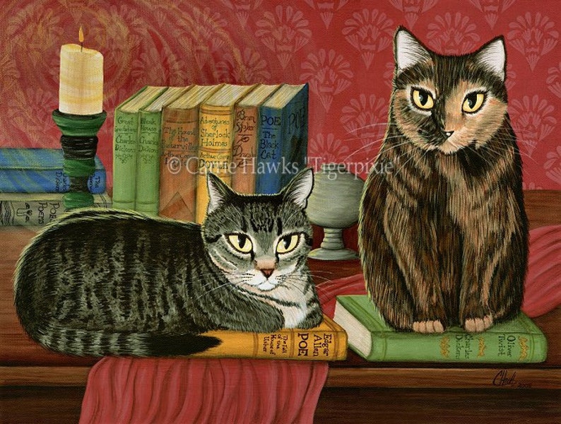 Library Cats Art Cat Painting Tabby Cat Tortoiseshell Cat Books Literary Cat Art Limited Edition Canvas Print 11x14 Art For Cat Lover image 1