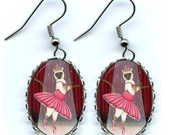 Ballerina Cat Earrings Siamese Cat Ballet Fantasy Cat Art Cameo Earrings 25x18mm Gift for Cat Lovers Jewelry Carrie Hawks