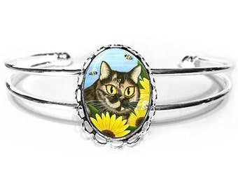 Tortoiseshell Cat Bracelet Sunflowers Bumble Bees Tortie Cat Fantasy Cat Art Cat Cameo Bracelet 25x18mm Gift for Cat Lovers Jewelry