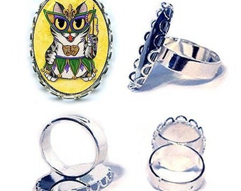Anillo de gato de Mardi Gras con cuentas de máscara de Nueva Orleans, anillo de gato plateado, anillo con camafeo de arte de gato de fantasía, 25 x 18 mm, regalo para amantes de los gatos, joyería de Carrie Hawks