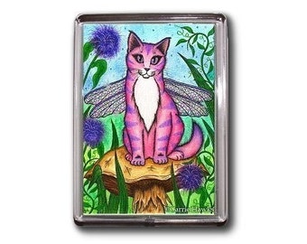 Fairy Cat Magnet Dragonfly Dea Mushroom Fantasy Cat Art Framed Magnet Cat Lovers Gifts Carrie Hawks